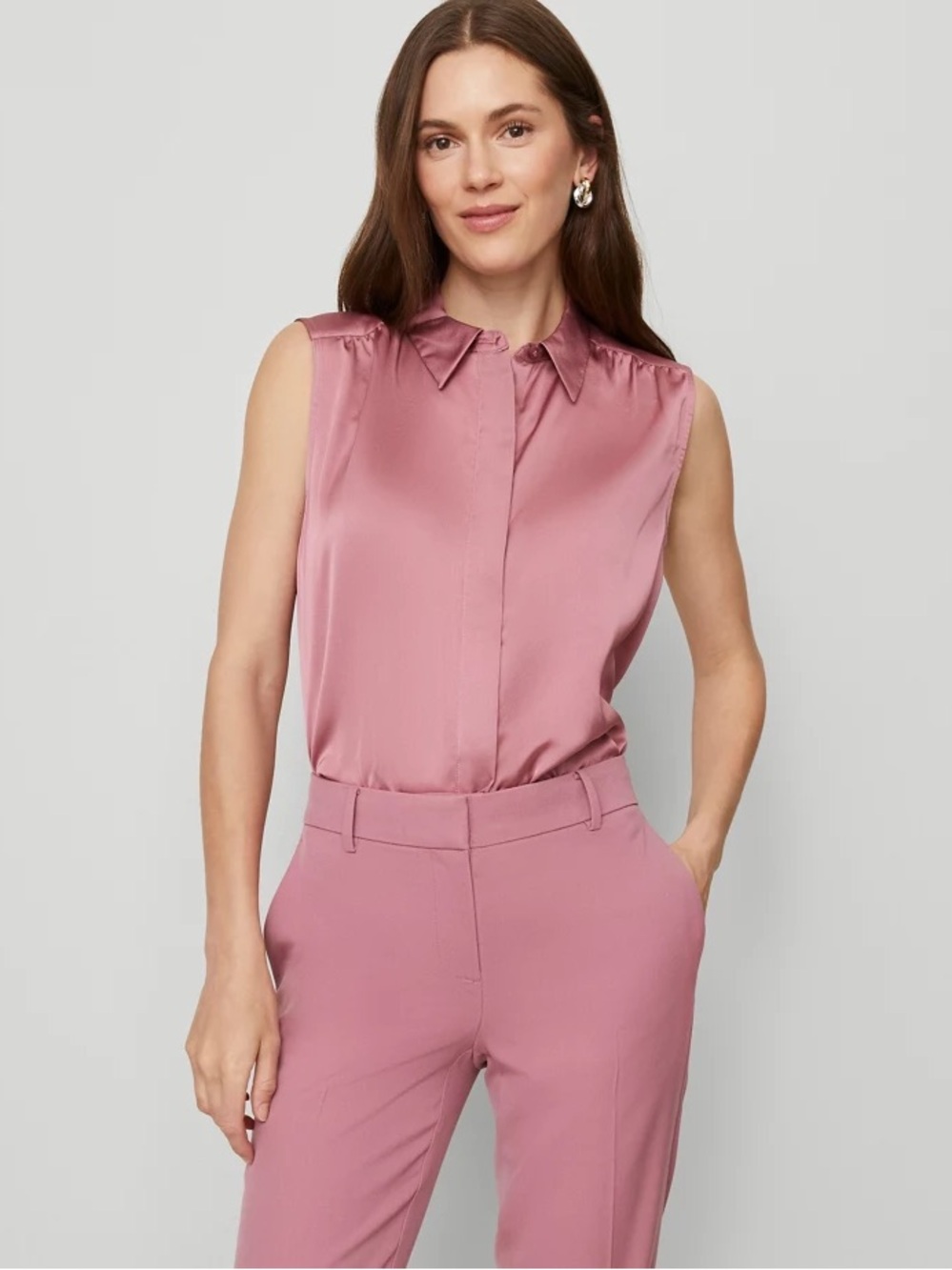 Ann Taylor Satin Sleeveless Collared Tank in Rose Small